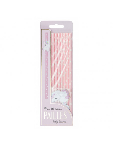 Set de 10 pailles rose baby licorne