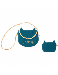 Sac + porte-monnaie chat vert paon