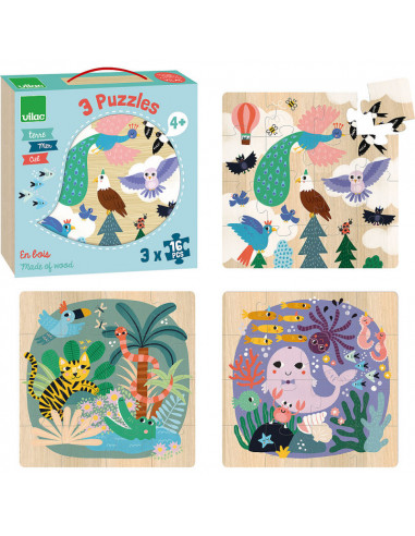 Coffret 3 puzzles 16 pcs Terre - Mer - Ciel -