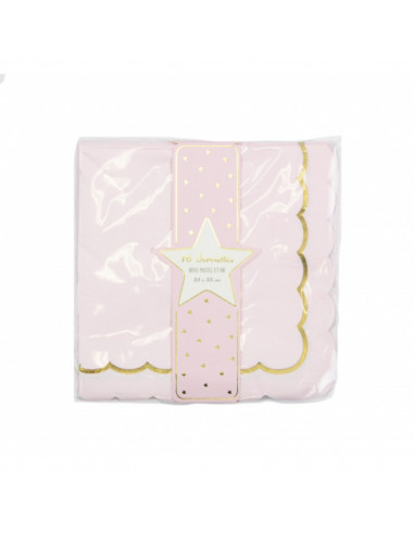 SERVIETTES FESTONNEES 33X33CM ROSE PASTER ET OR X16