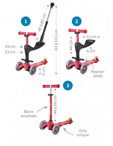 TROTTINETTE MINI MICRO 3 EN 1 DELUXE - ROUGE RUBIS