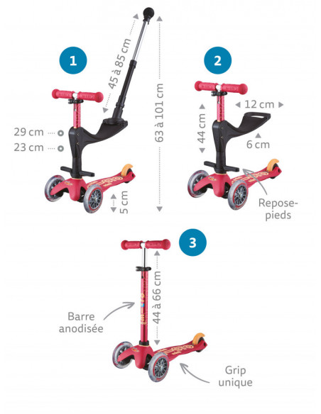 TROTTINETTE MINI MICRO 3 EN 1 DELUXE - ROUGE RUBIS