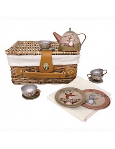SET DE THE EN METAL MUSICIENS DANS VALISE EN OSIER