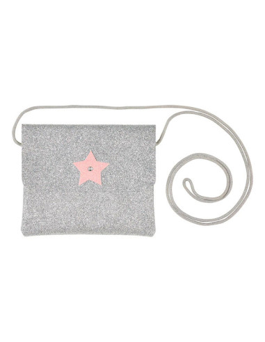 SAC BANDOUILLERE PAILLETTES ARGENT, MOTIF ETOILE ROSE