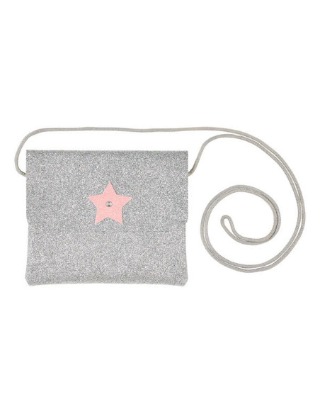 SAC BANDOUILLERE PAILLETTES ARGENT, MOTIF ETOILE ROSE