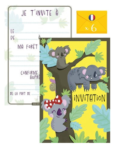 Pack 6 cartes invitation anniversaire - koala