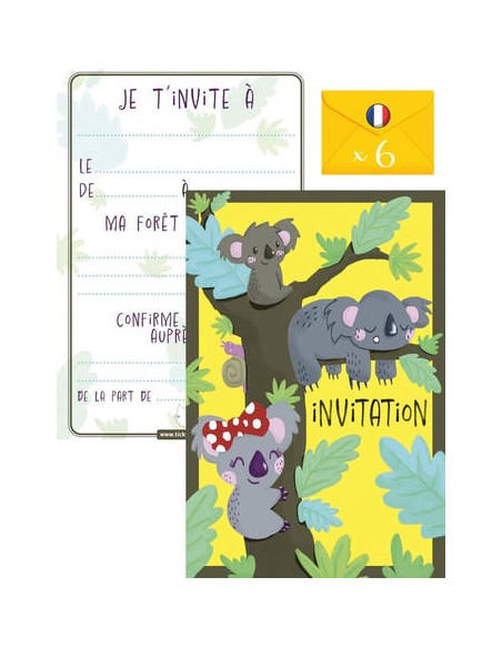Pack 6 cartes invitation anniversaire - koala