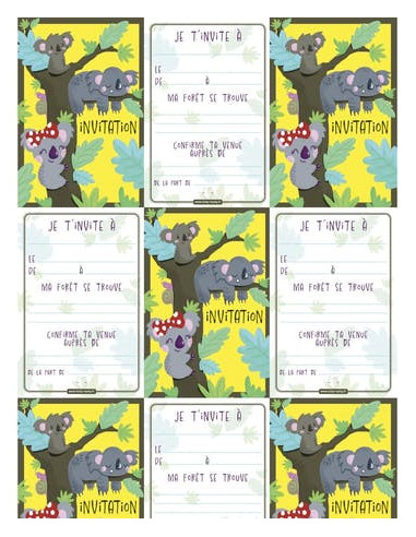 Pack 6 cartes invitation anniversaire - koala