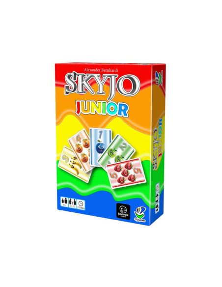 Contenu complet du Skyjo Junior : 110 cartes illustrées avec fruits colorés et règle du jeu