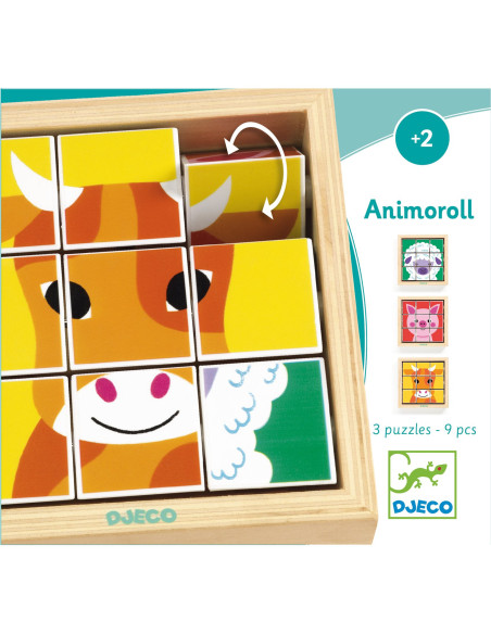 9 cubes puzzle bois - animoroll - djeco