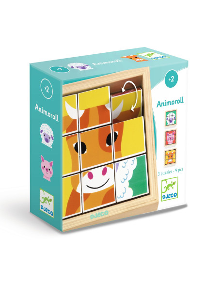 9 cubes puzzle bois - animoroll - djeco