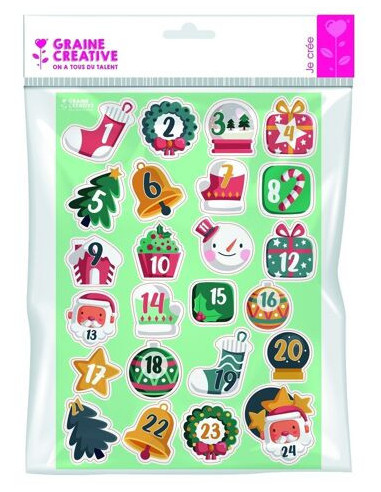 Planche a4 - 24 stickers de l'avent happy christmas