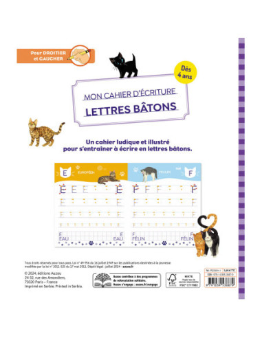 Mon cahier d'écriture - lettres bâtons - les chats