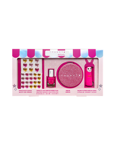 COFFRET KIDS GLITTER GIRL ROSE : Strass multi usage, Baume lèvres cerise, Miroir glitter, Vernis enfant - INUWET