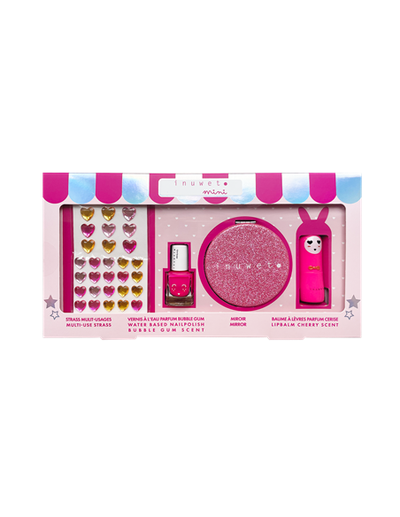 COFFRET KIDS GLITTER GIRL ROSE : Strass multi usage, Baume lèvres cerise, Miroir glitter, Vernis enfant - INUWET