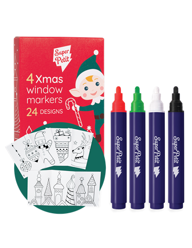 ÉDITION LIMITÉE NOËL: BOITE 4 FEUTRES EFFAÇABLES VITRES-MIROIR + 24 MOTIFS À REPRODUIRE - Super petit