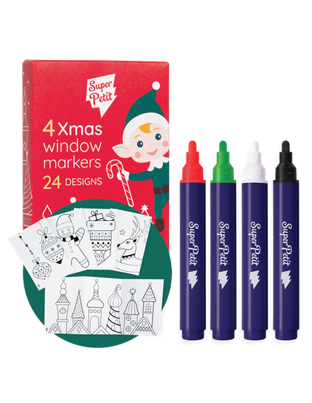 ÉDITION LIMITÉE NOËL: BOITE 4 FEUTRES EFFAÇABLES VITRES-MIROIR + 24 MOTIFS À REPRODUIRE - Super petit
