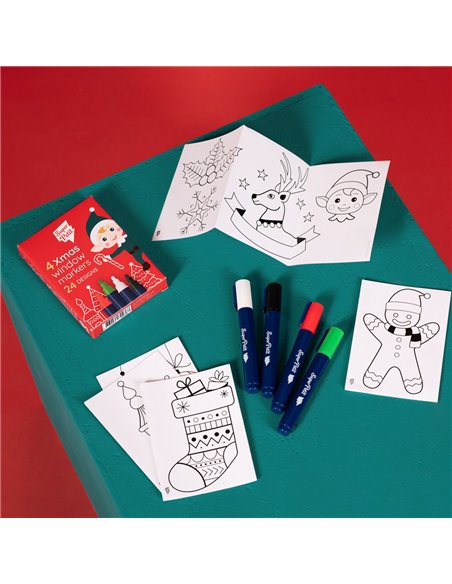 ÉDITION LIMITÉE NOËL: BOITE 4 FEUTRES EFFAÇABLES VITRES-MIROIR + 24 MOTIFS À REPRODUIRE - Super petit