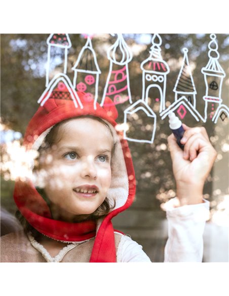 ÉDITION LIMITÉE NOËL: BOITE 4 FEUTRES EFFAÇABLES VITRES-MIROIR + 24 MOTIFS À REPRODUIRE - Super petit