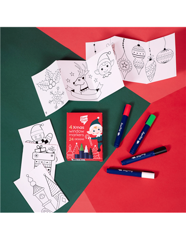 ÉDITION LIMITÉE NOËL: BOITE 4 FEUTRES EFFAÇABLES VITRES-MIROIR + 24 MOTIFS À REPRODUIRE - Super petit