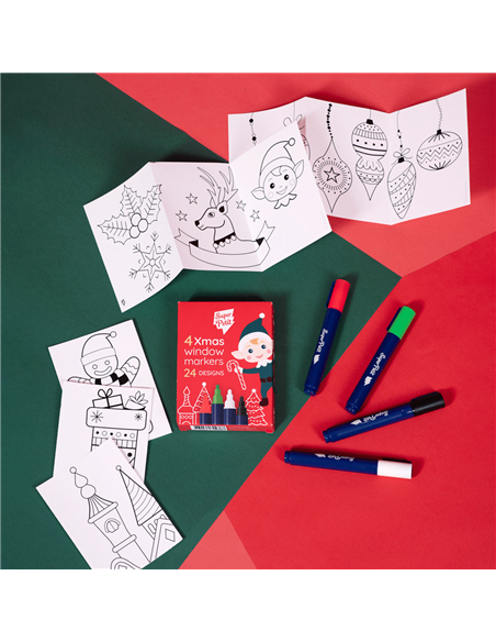 ÉDITION LIMITÉE NOËL: BOITE 4 FEUTRES EFFAÇABLES VITRES-MIROIR + 24 MOTIFS À REPRODUIRE - Super petit