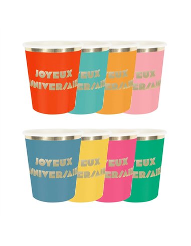 GOBELETS 200ML MULTI JOYEUX ANNIVERSAIRE X 8