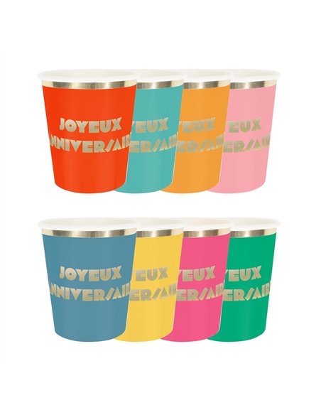 GOBELETS 200ML MULTI JOYEUX ANNIVERSAIRE X 8