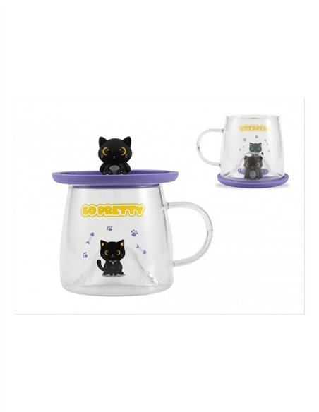 Tasse en verre kawaii - chat noir - itotal
