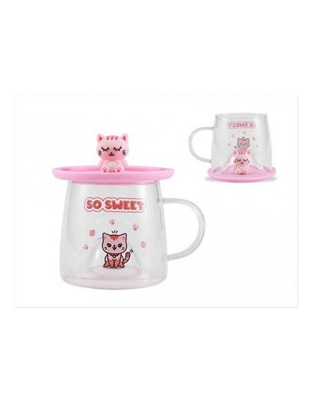 Tasse en verre kawaii - chat rose - itotal