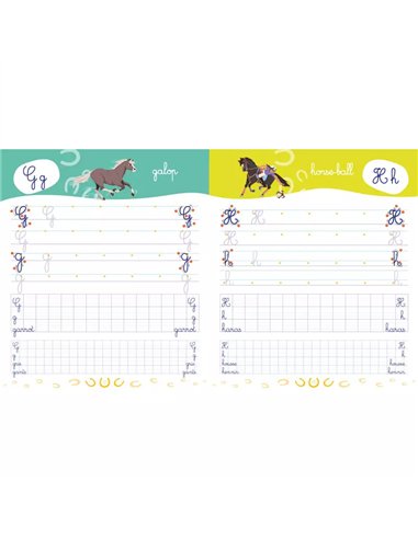 Mon cahier d'écriture - Lettres cursives - Les chevaux