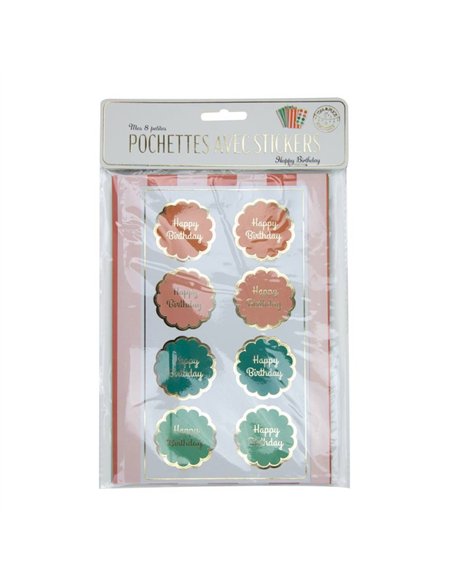 POCHETTES PAPIER HAPPY BIRTHDAY MULTICOLORE X 8PCS