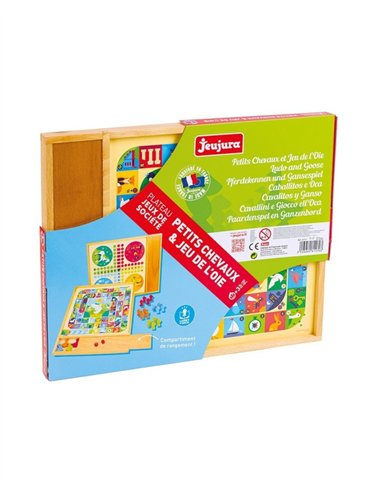 Jeux de l'oie et petits chevaux - plateau avec plumier en bois - jeujura
