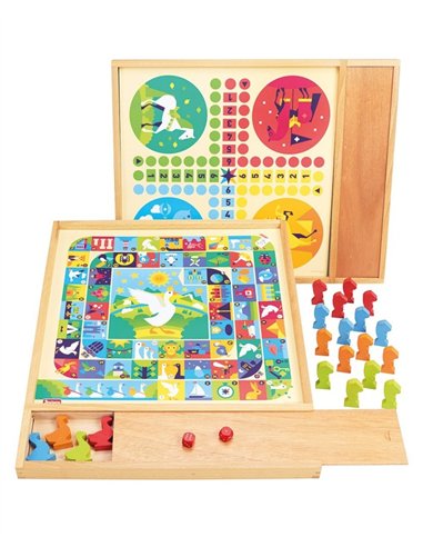 Jeux de l'oie et petits chevaux - plateau avec plumier en bois - jeujura