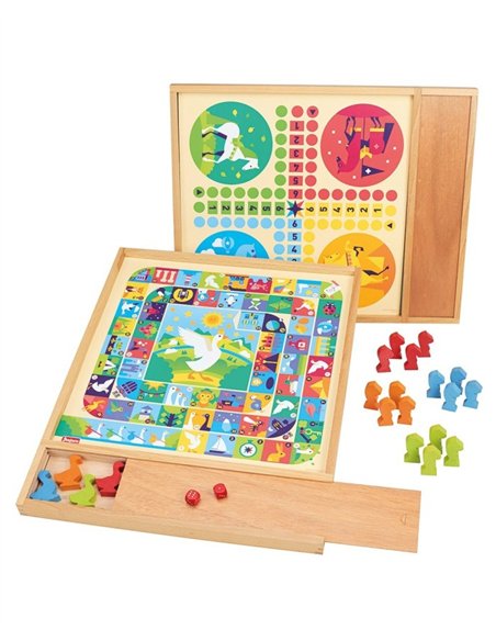 Jeux de l'oie et petits chevaux - plateau avec plumier en bois - jeujura