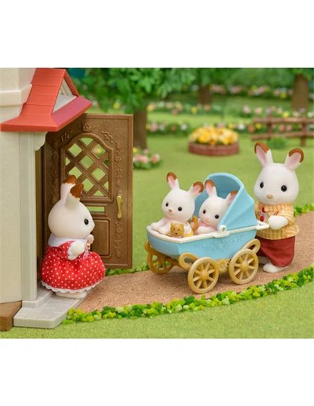 LES JUMEAUX LAPIN CHOCOLAT ET POUSSETTE DOUBLE - SYLVANIAN TOUT POUR BEBES
