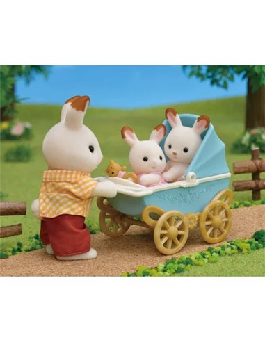 LES JUMEAUX LAPIN CHOCOLAT ET POUSSETTE DOUBLE - SYLVANIAN TOUT POUR BEBES