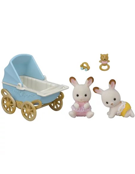 LES JUMEAUX LAPIN CHOCOLAT ET POUSSETTE DOUBLE - SYLVANIAN TOUT POUR BEBES