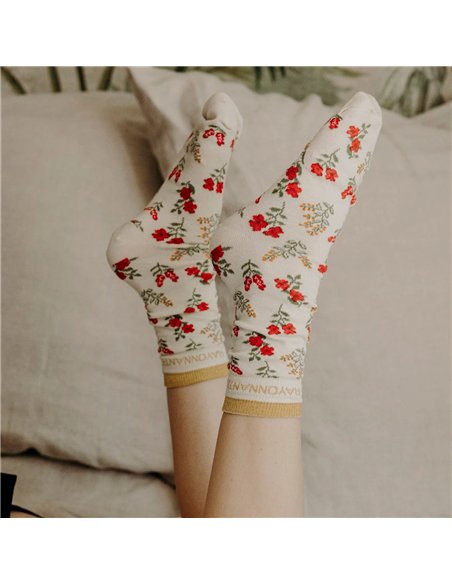 Chaussettes hautes "RAYONNANTE" – fleurs rouges - Poule House