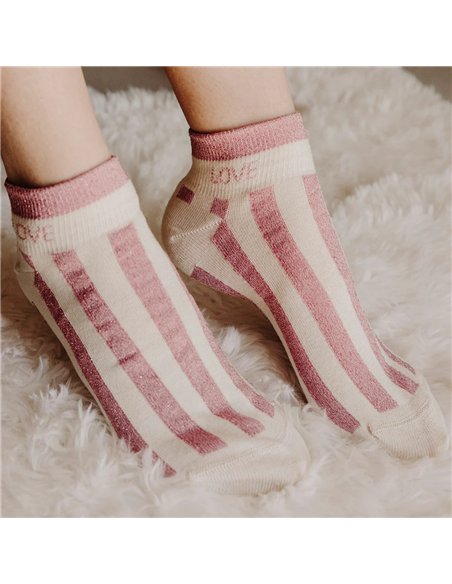 Chaussettes basses sneakers "LOVE" – rayées écru/ rose - Poule House