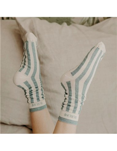 Chaussettes hautes "SUBLIME" – rayées écru/ vert de gris - Poule House