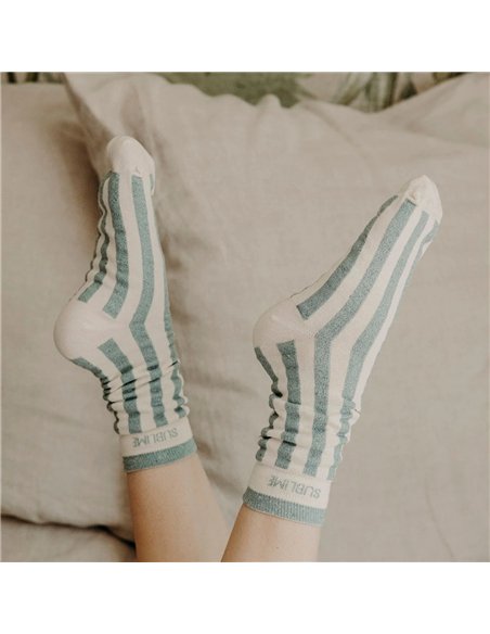 Chaussettes hautes "SUBLIME" – rayées écru/ vert de gris - Poule House