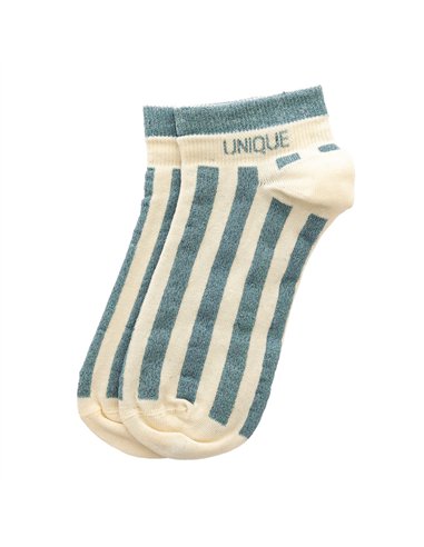 Chaussettes basses sneakers "UNIQUE" – rayées écru/ vert de gris - Poule House
