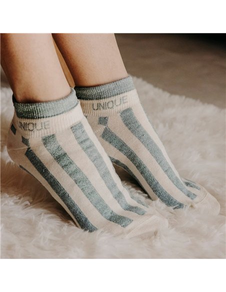 Chaussettes basses sneakers "UNIQUE" – rayées écru/ vert de gris - Poule House