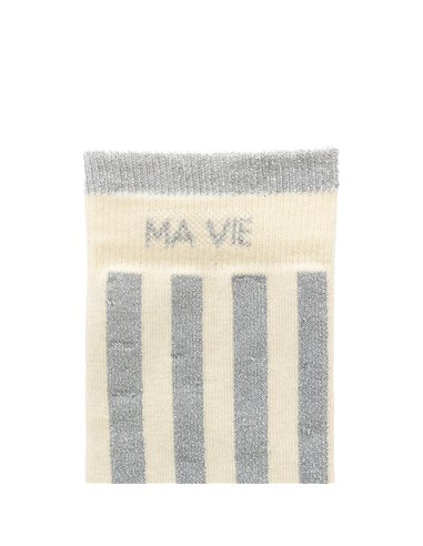 Chaussettes hautes "MA VIE" – rayées écru/ gris - Poule House