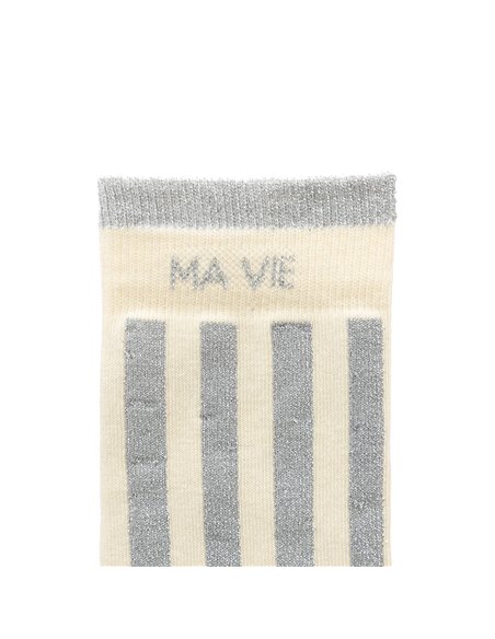 Chaussettes hautes "MA VIE" – rayées écru/ gris - Poule House