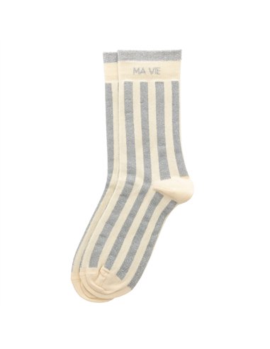 Chaussettes hautes "MA VIE" – rayées écru/ gris - Poule House