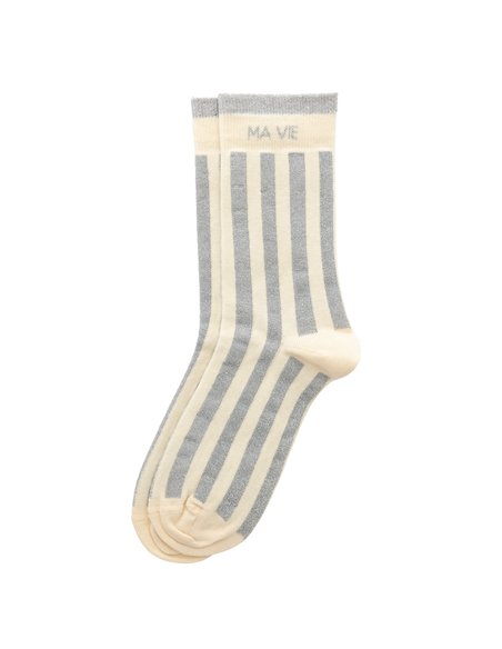 Chaussettes hautes "MA VIE" – rayées écru/ gris - Poule House