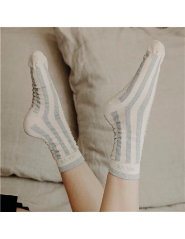 Chaussettes hautes "MA VIE" – rayées écru/ gris - Poule House
