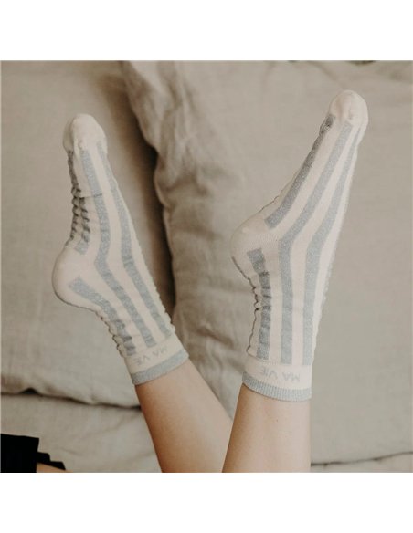 Chaussettes hautes "MA VIE" – rayées écru/ gris - Poule House