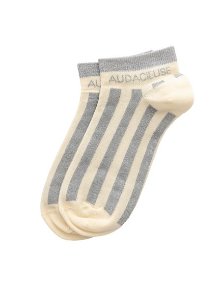 Chaussettes basses sneakers "AUDACIEUSE" – rayées écru/ gris - Poule House
